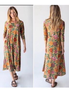 Natural Life Lottie Soft Sweater Maxi Dress in Mustard Pink & Green XXL NWT